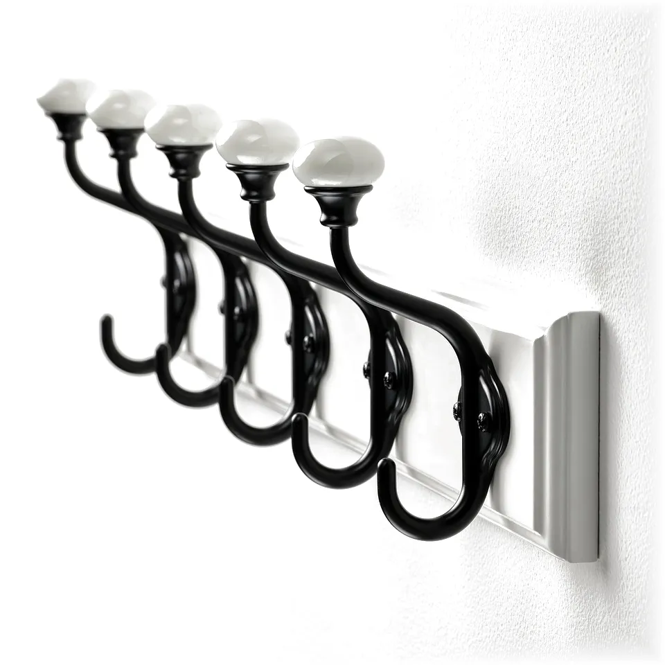 Black coat rack with five porcelain-topped hooks, mounted on a white wall. Elegant design, high-quality finish.