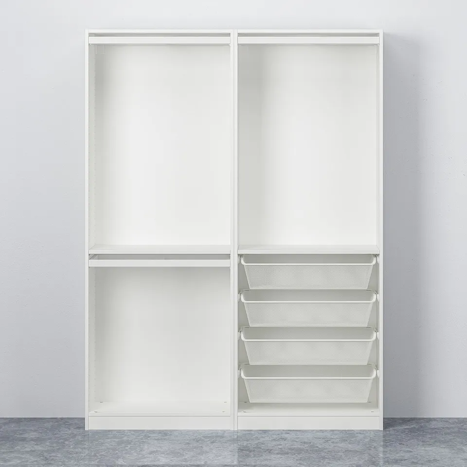 White wardrobe with mesh baskets and sliding doors, space-efficient and air-circulating storage.