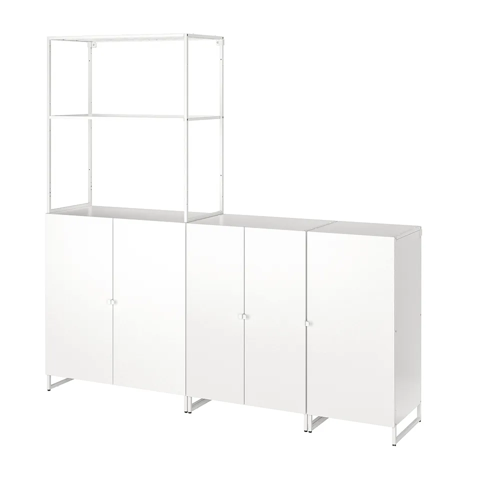 JOSTEIN white metal storage unit with shelves and cabinets.