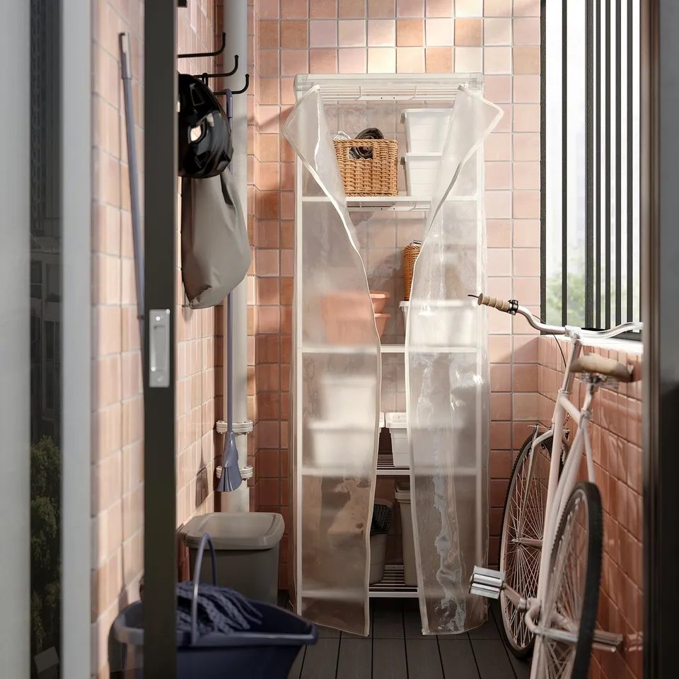 Balcony storage unit: JOSTEIN, transparent, 3 shelves, covers for dust protection, includes hook and loop fastener, and zippers.