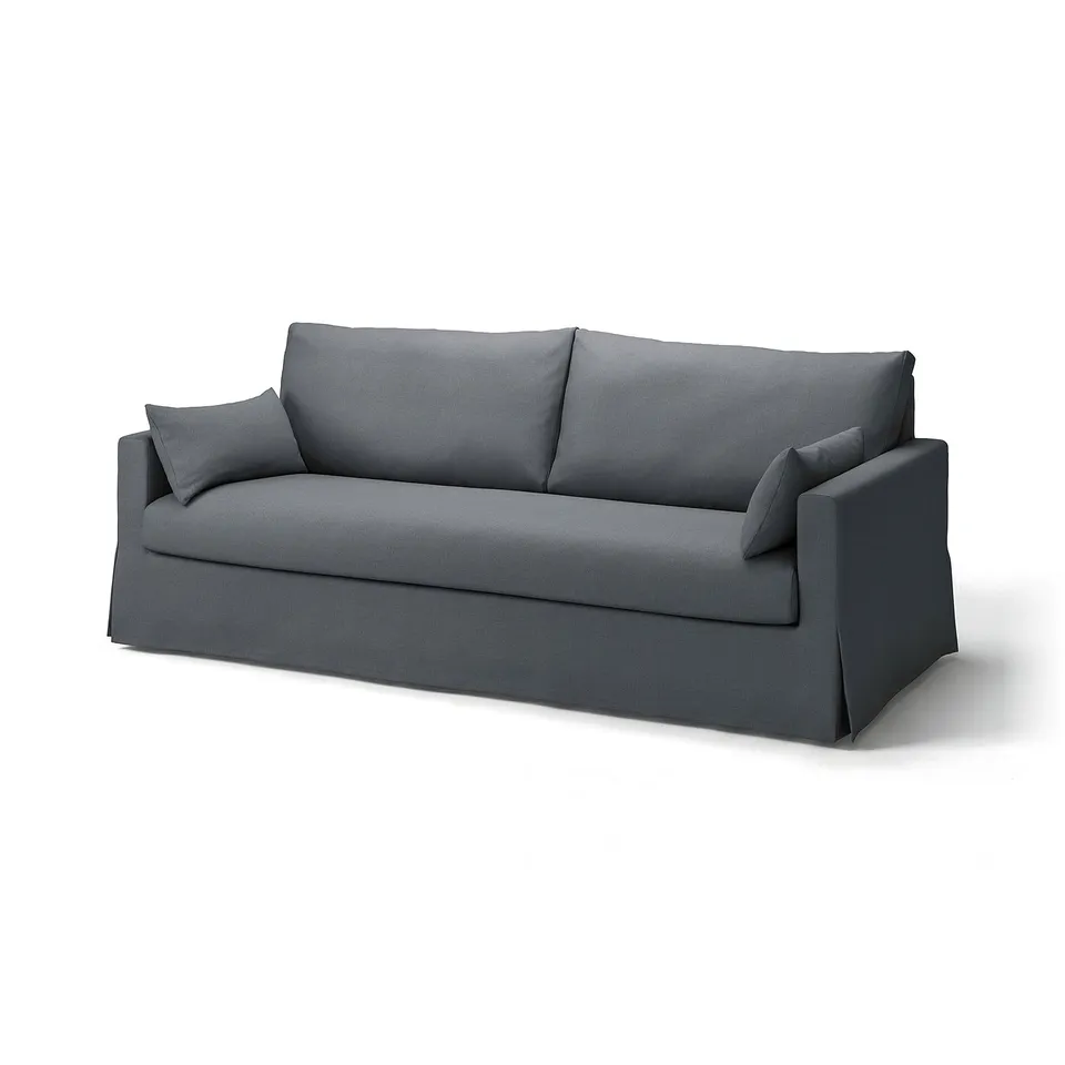 Grey sofa, sleek, soft cushions, comfortable.