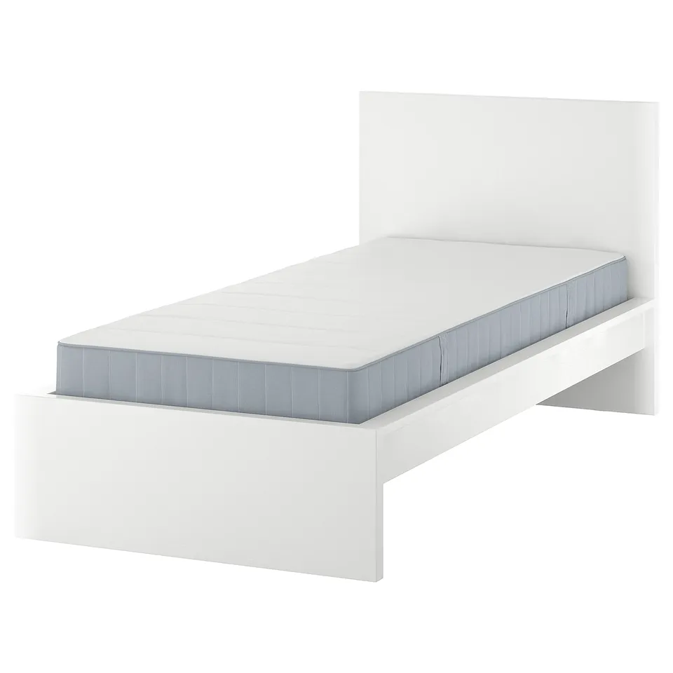 A white MALM bed with a high headboard and adjustable bed sides. It a grey and white pocket sprung mattress, displaying a clean and modern design.