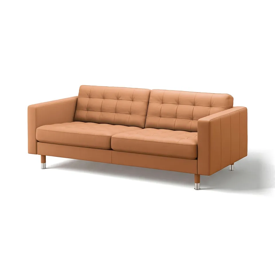 Orange leather sofa, clean lines, tufted back & seat, mid-century style.