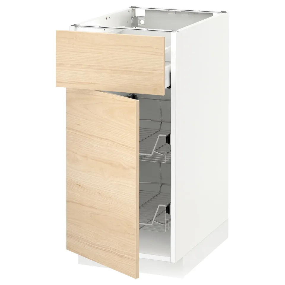 A white METOD kitchen cabinet with a light ash wood drawer and three wire shelves inside.