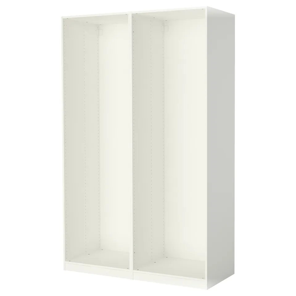 A white PAX wardrobe frame, rectangular in shape, with a minimalist design. It has adjustable feet and a foldable construction.