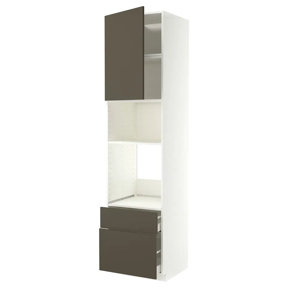 METOD kitchen unit: white frame, dark grey drawers/doors, three shelves, modern design.