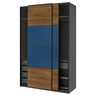 PAX / MEHAMN wardrobe with sliding doors, dark grey black/walnut blue, 150x66x236 cm