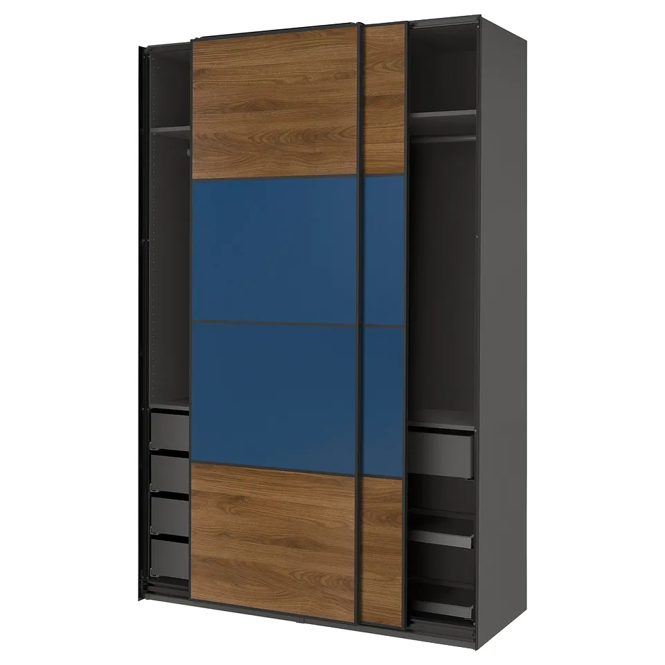 Modern PAX wardrobe, black with wooden & blue panels, sliding doors, & shelves.