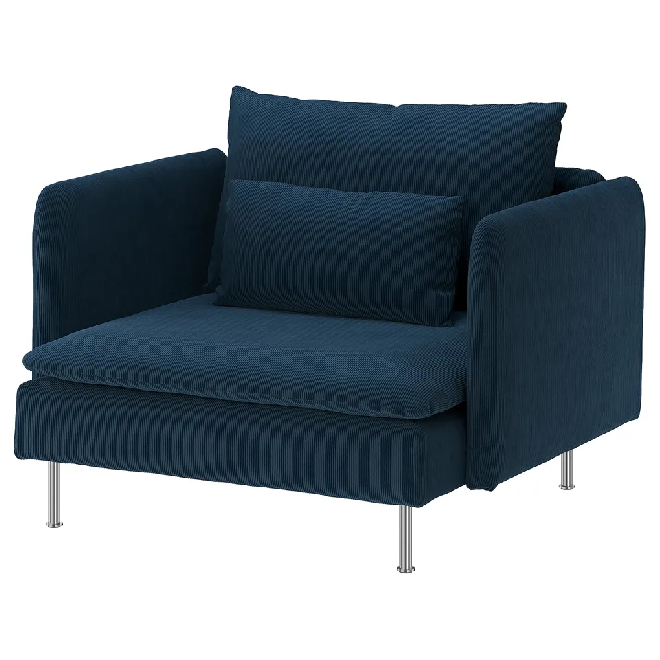Deep-seated SÖDERHAMN chair, stylish dark blue, corduroy upholstery, soft, high legs, modern.