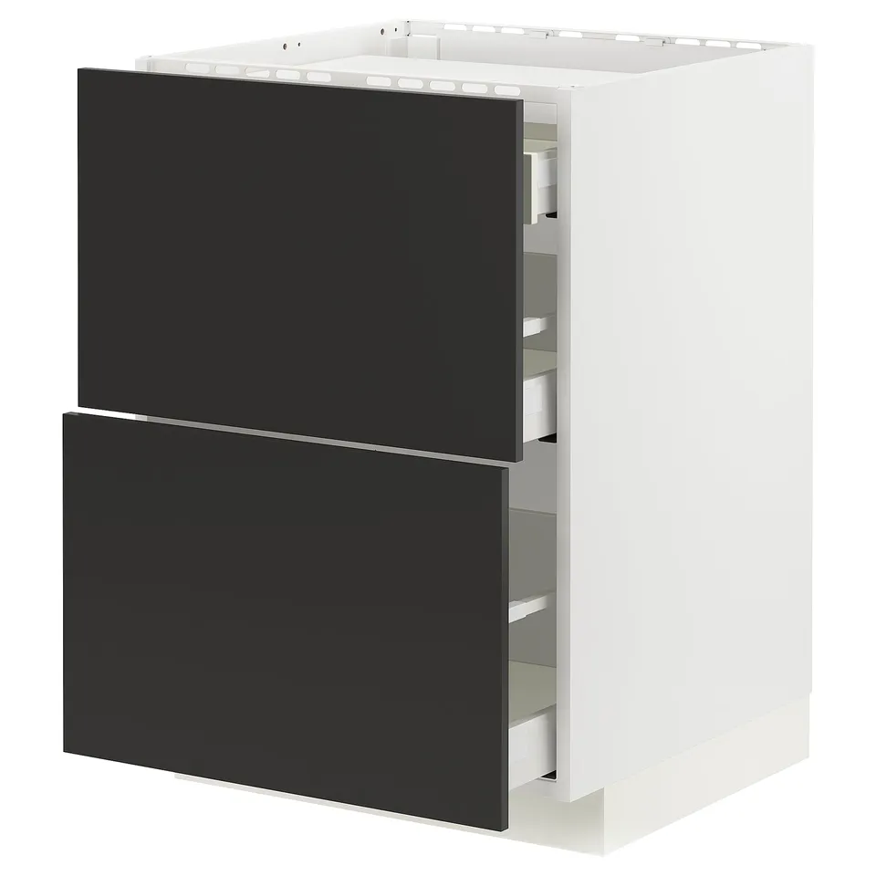 A METOD kitchen cabinet with black nickebo fronts. It has two drawers and a modern design.