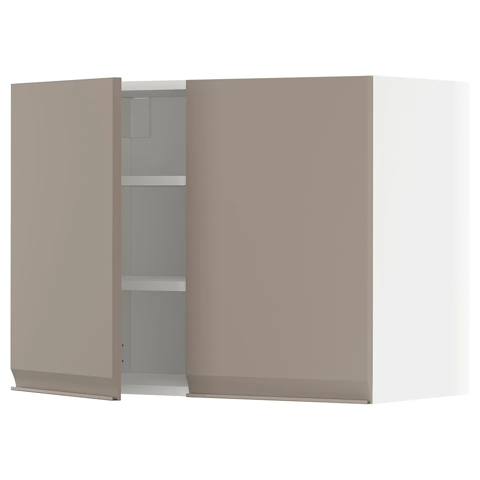 Ikea METOD wall cabinet in beige, matte grey, with two open shelves.