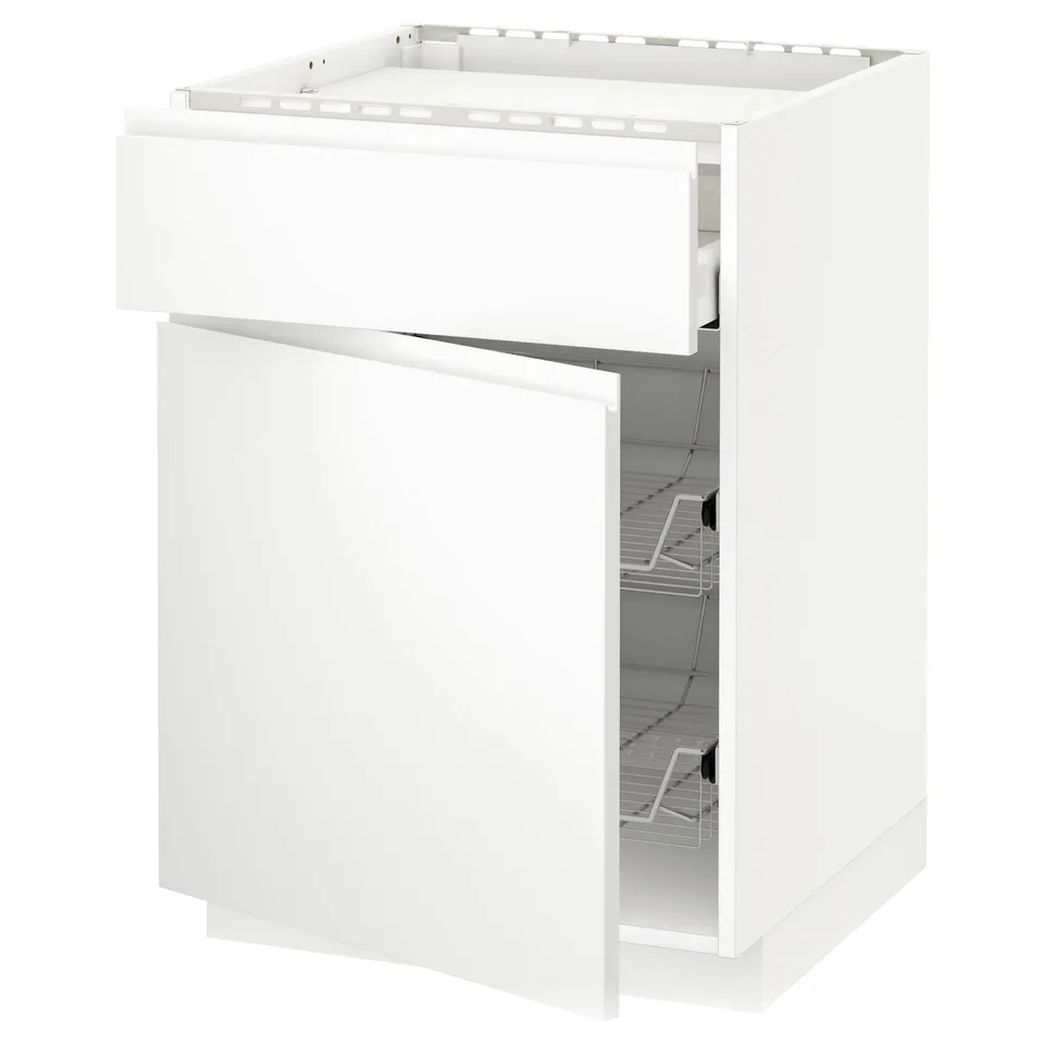 METOD kitchen unit, white, minimalist, square, wire basket, soft-close drawer.