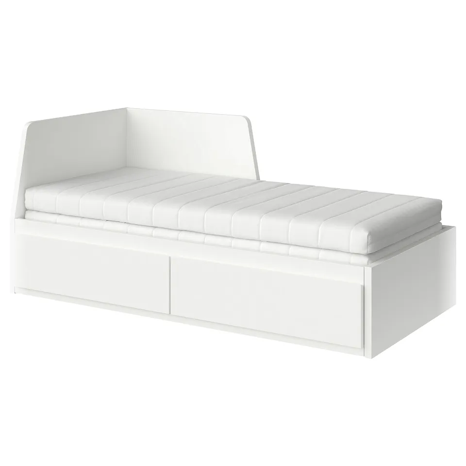 FLEKKE: compact white day-bed with drawers, foam mattress, versatile design.