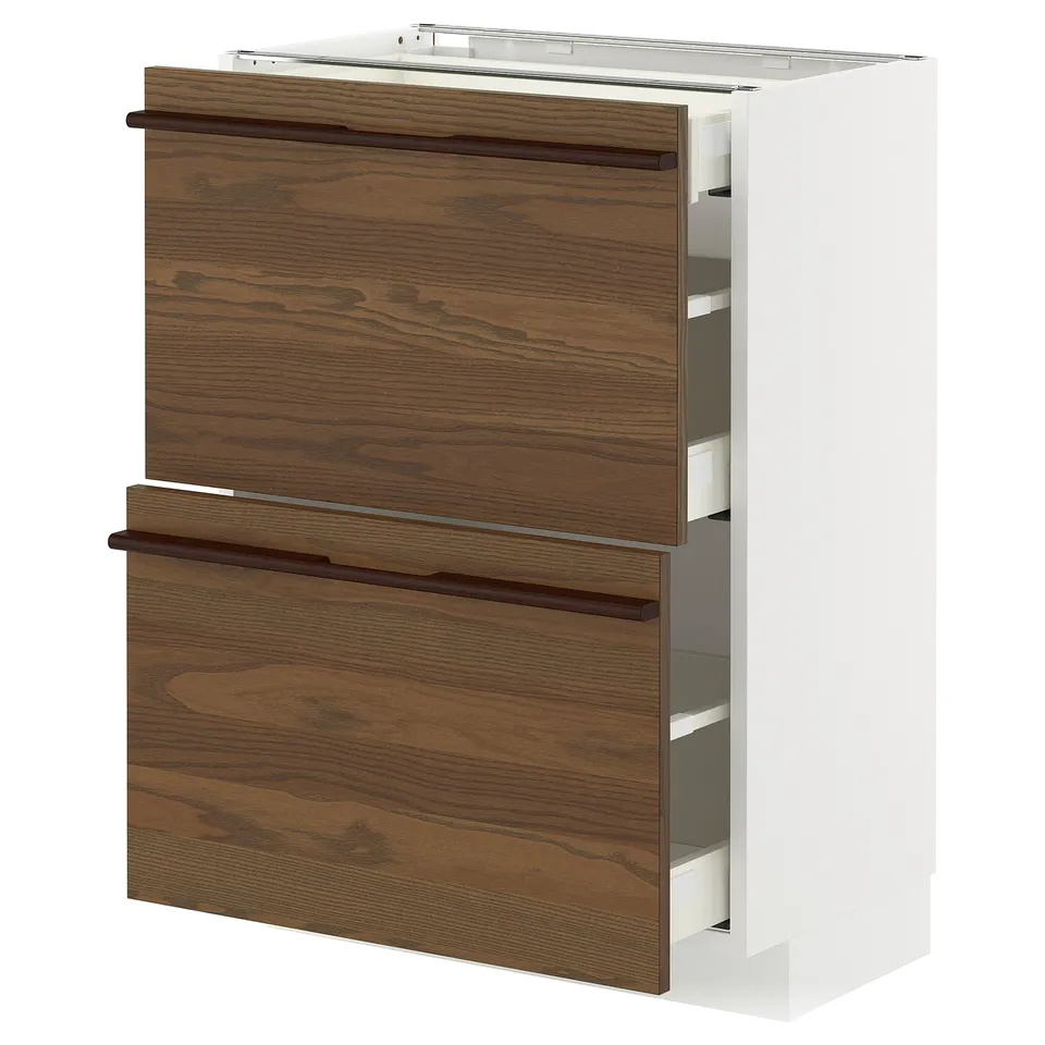 METOD kitchen unit in white with dark brown wood drawers and solid wood handles.