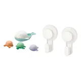 TISKEN/ÄNGSHUMLA set: 4-piece bath toy set + hook with suction cup