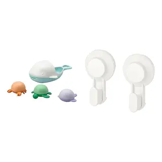 TISKEN/ÄNGSHUMLA set: 4-piece bath toy set + hook with suction cup
