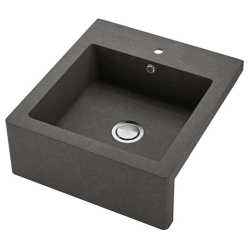 TALLSJÖN sink in dark grey quartz, deep single bowl, apron front design.