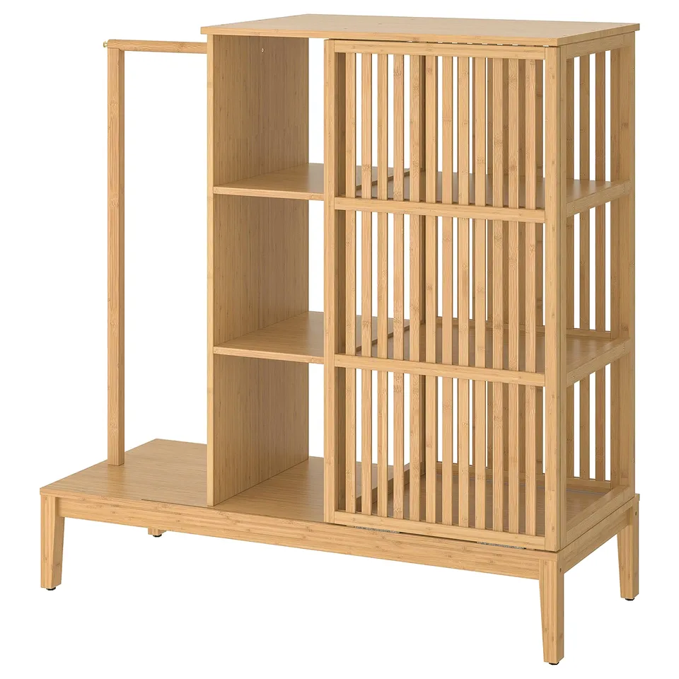 NORDKISA bamboo wardrobe with open shelves, light wood colour, rectangular shape, classic scandinavian design.