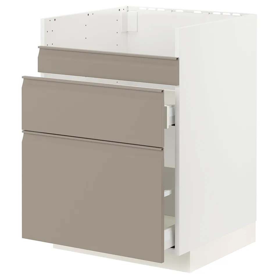 Modern kitchen unit, beige METOD with upplöv, three drawers, soft-close, matt finish.