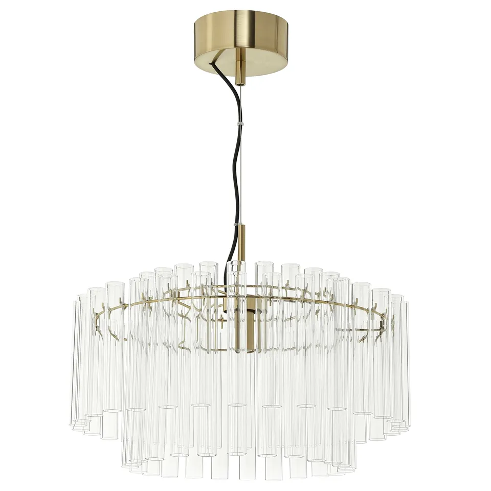 STOCKHOLM 2025 chandelier: gold and clear glass. Modern, cylindrical design with hanging tubes.