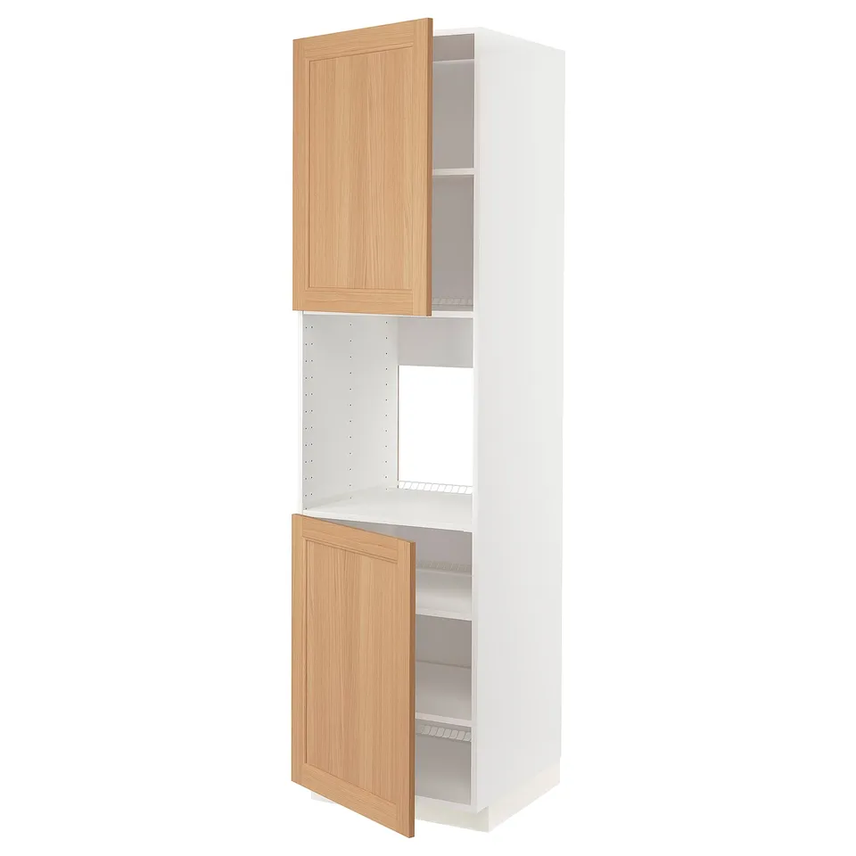 A white and light brown kitchen cabinet with a wood finish. It has two wooden doors and internal shelves.