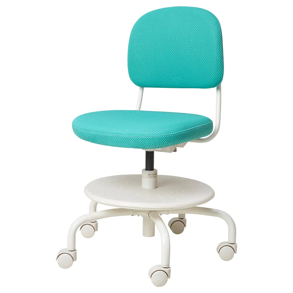 A VIMUND office chair in turquoise with a white frame and casters. It has a curved backrest and adjustable seat height, perfect for ergonomic comfort.