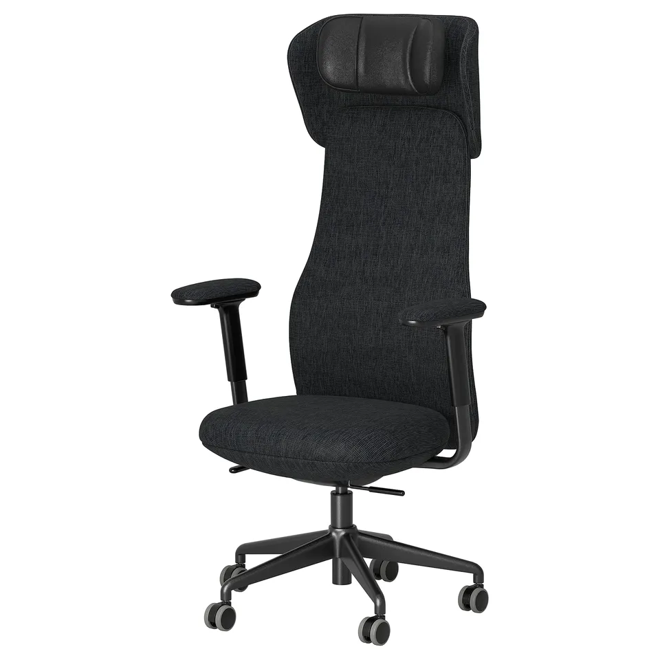 Black upholstered office chair, high back, adjustable arms, mesh back for airflow.