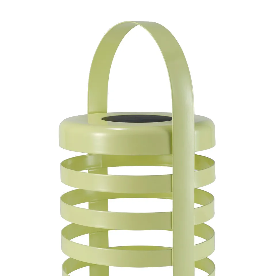Modern, pale green, spiral-shaped lamp with sleek design and smooth finish.