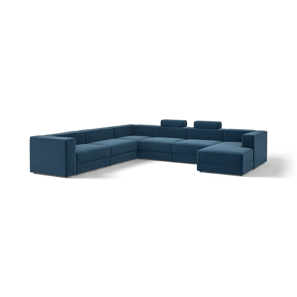 Blue JÄTTEBO modular sofa, modern design with clean lines, corduroy fabric, multiple sections for comfort.