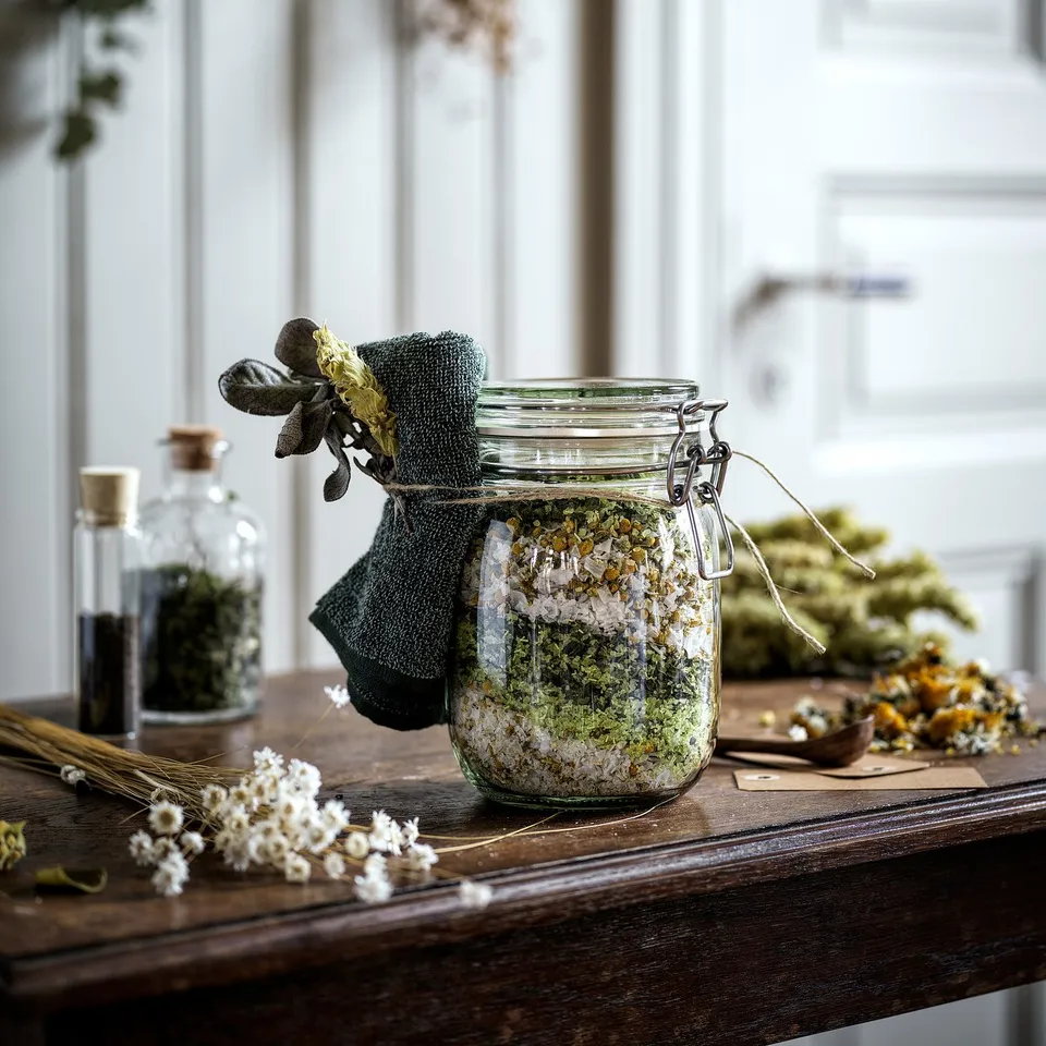 Sealed jar of dried herbs on wooden table, surrounded by flowers and herbs.