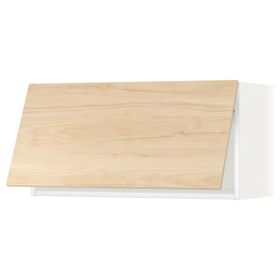 A light wooden ikea METOD wall cabinet with a white base. Slim design for kitchen storage.