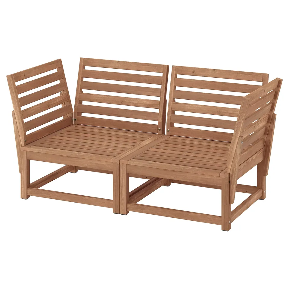 The NÄMMARÖ outdoor furniture set, featuring a natural brown finish and made from solid acacia wood, designed for durability and aesthetic appeal.