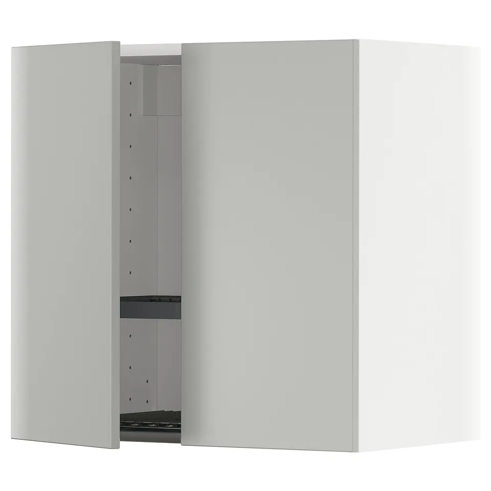 METOD light grey wall cabinet, modern, rectangular, sleek design with one open door.