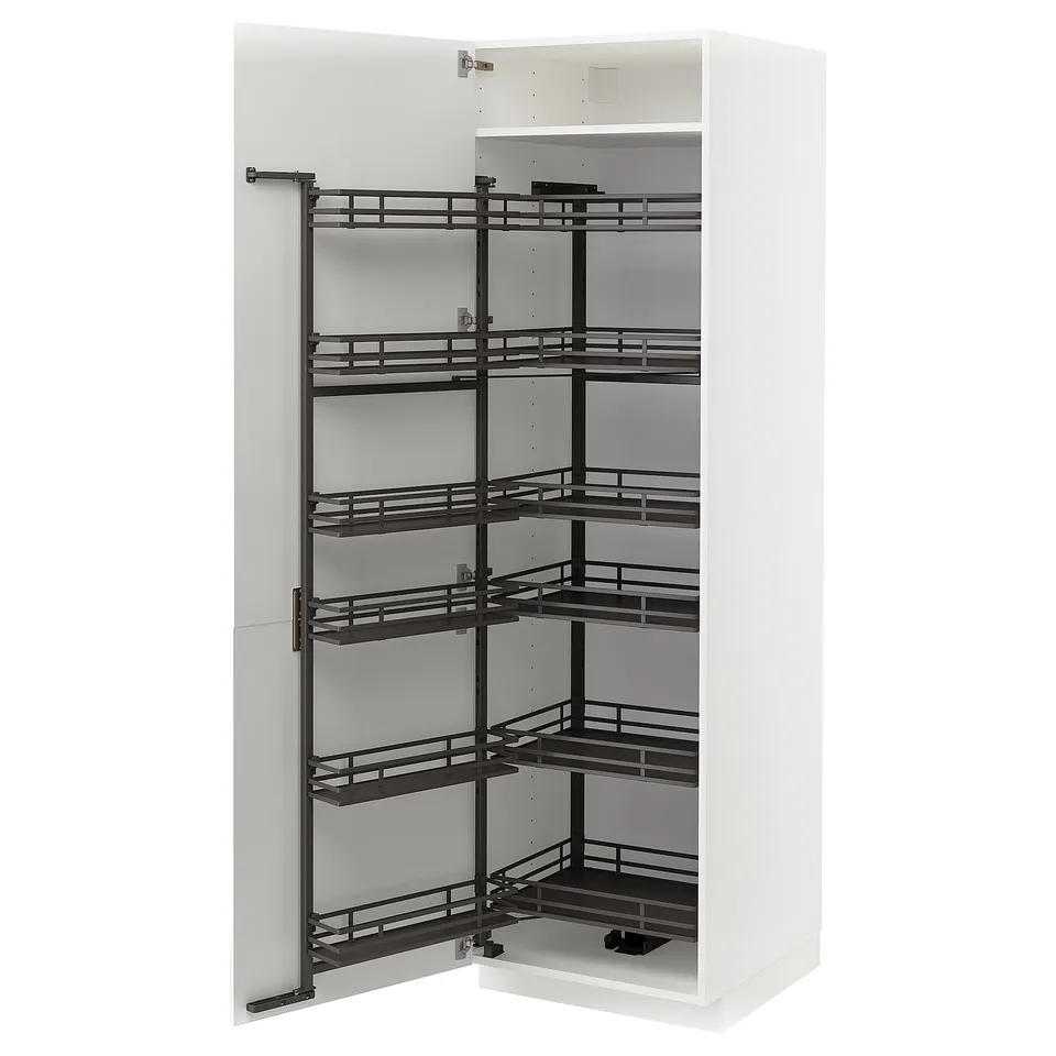 Modern white kitchen cabinet with black pull-out shelves, glossy finish, five shelves, sleek design.