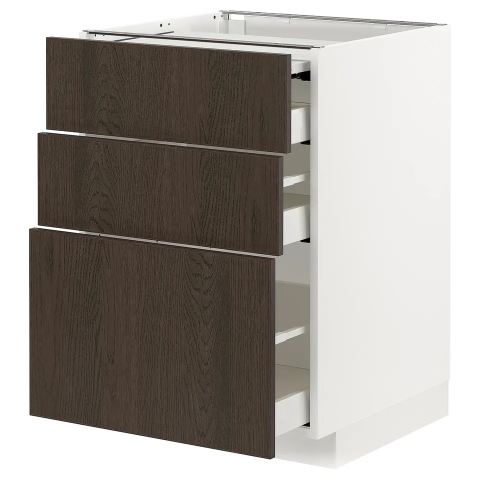 Modern white cabinet with dark wooden drawers. Three pull-out drawers, sleek design.