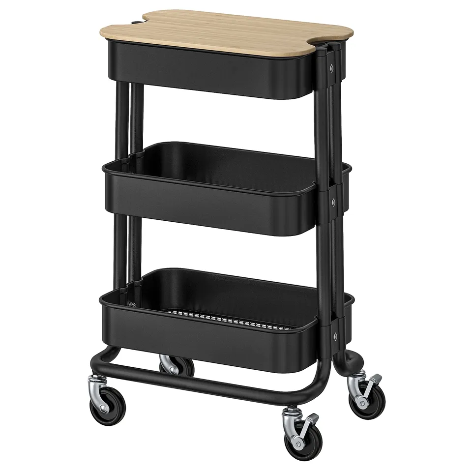 Black 3-tier metal trolley with wooden top, four wheels, suitable for storage and easy movement.