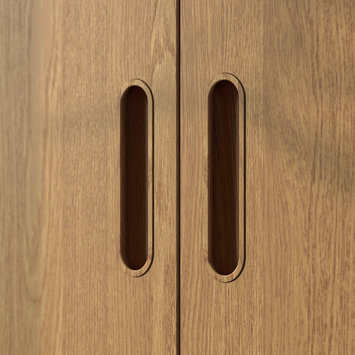 This image a pair of light brown wooden cabinet doors with narrow vertical handles.