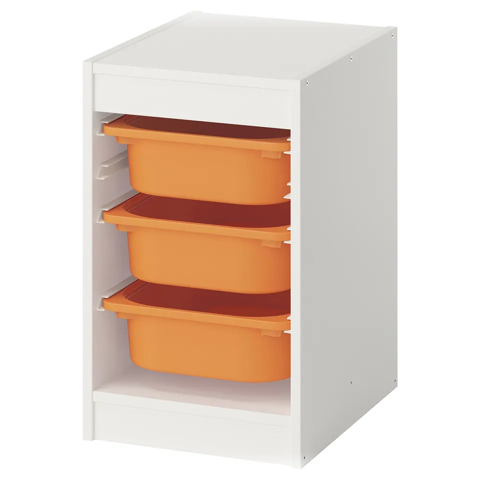 White TROFAST kids storage with three orange bins, plastic.