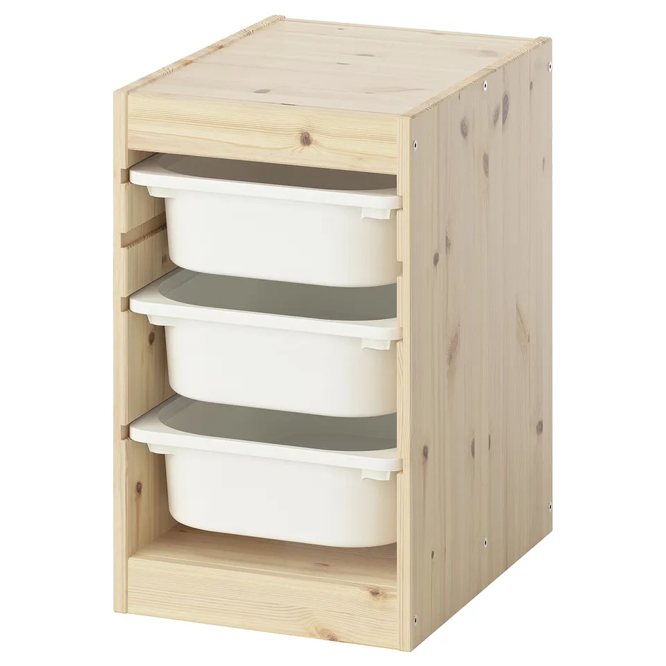 TROFAST light wood storage with white plastic bins; rectangular, simple design.