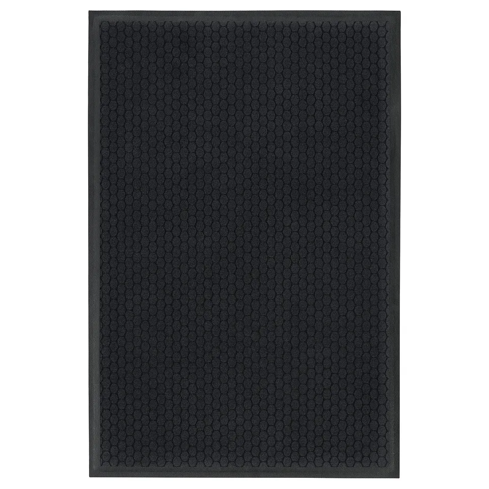 Black VATTENVERK doormat, diamond pattern, rubber back, recycled polyester surface.