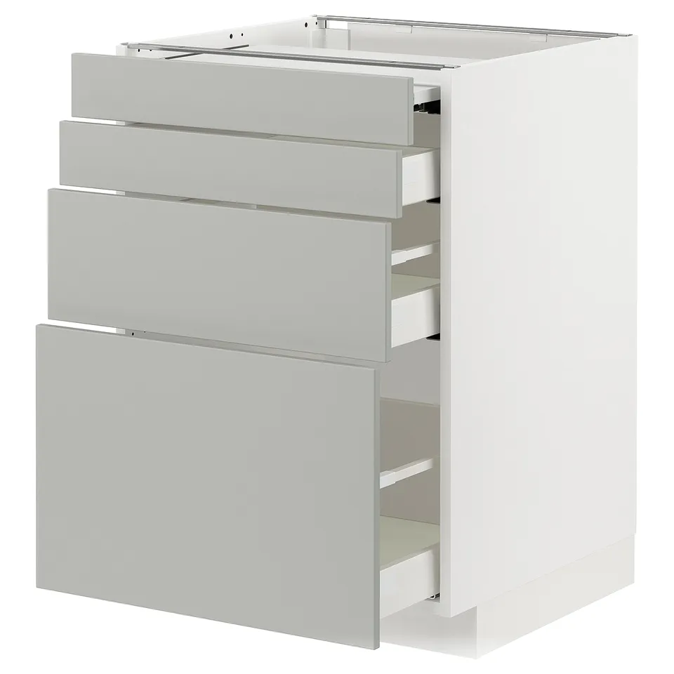 Modern light grey kitchen cabinet with four drawers, part of the METOD system.