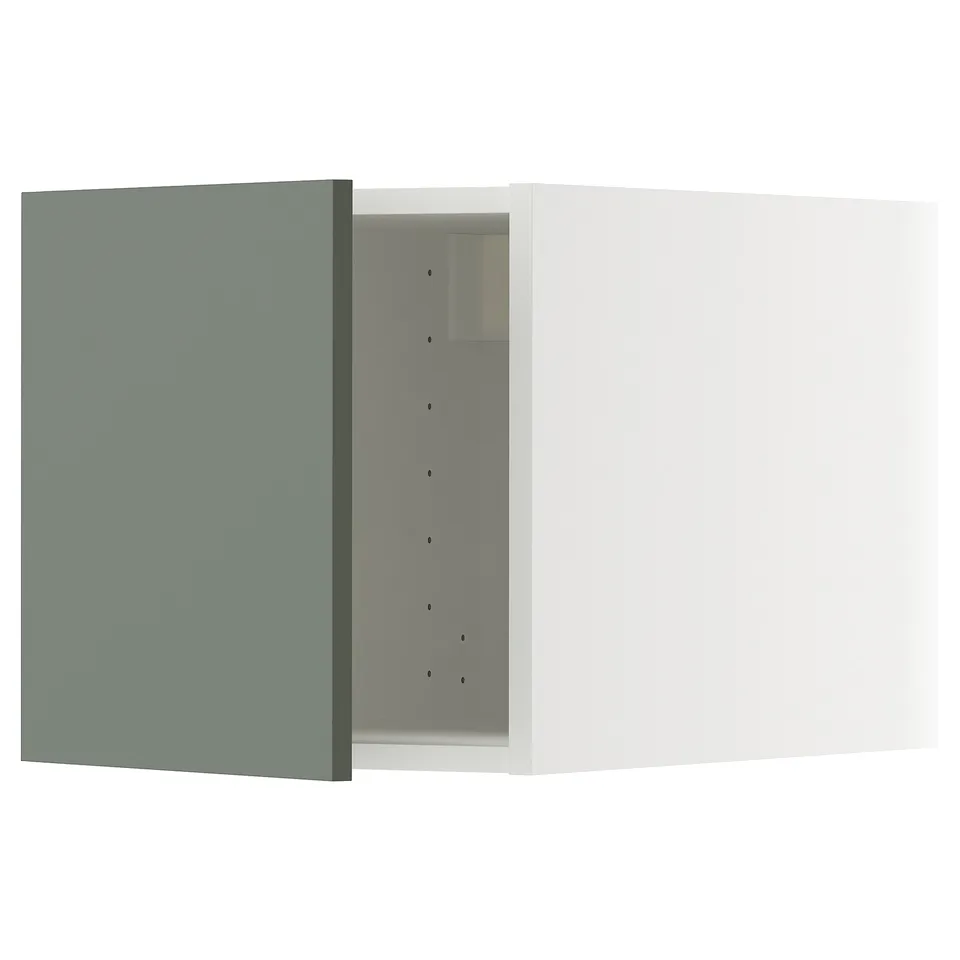 Modern grey-green METOD kitchen cabinet with minimalist design, featuring snap-on hinges and sturdy particleboard construction.