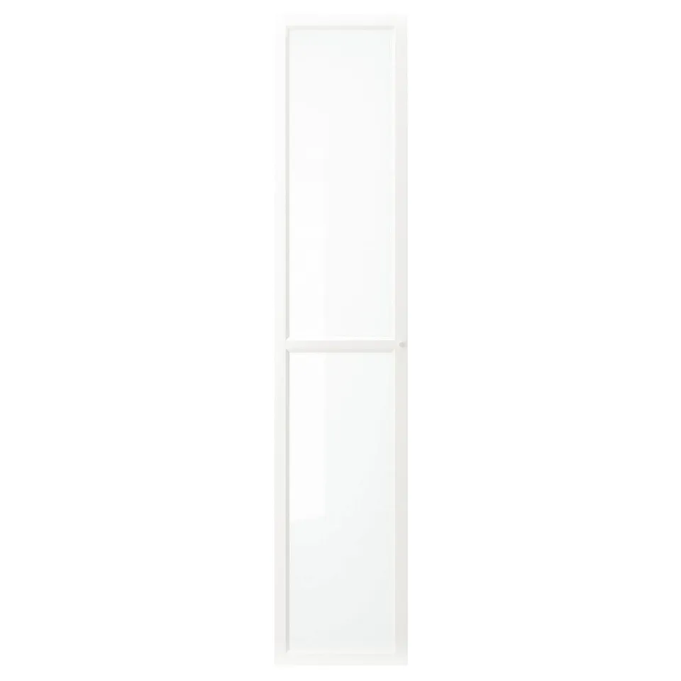 A white OXBERG cabinet with glass doors. The design is sleek and modern.