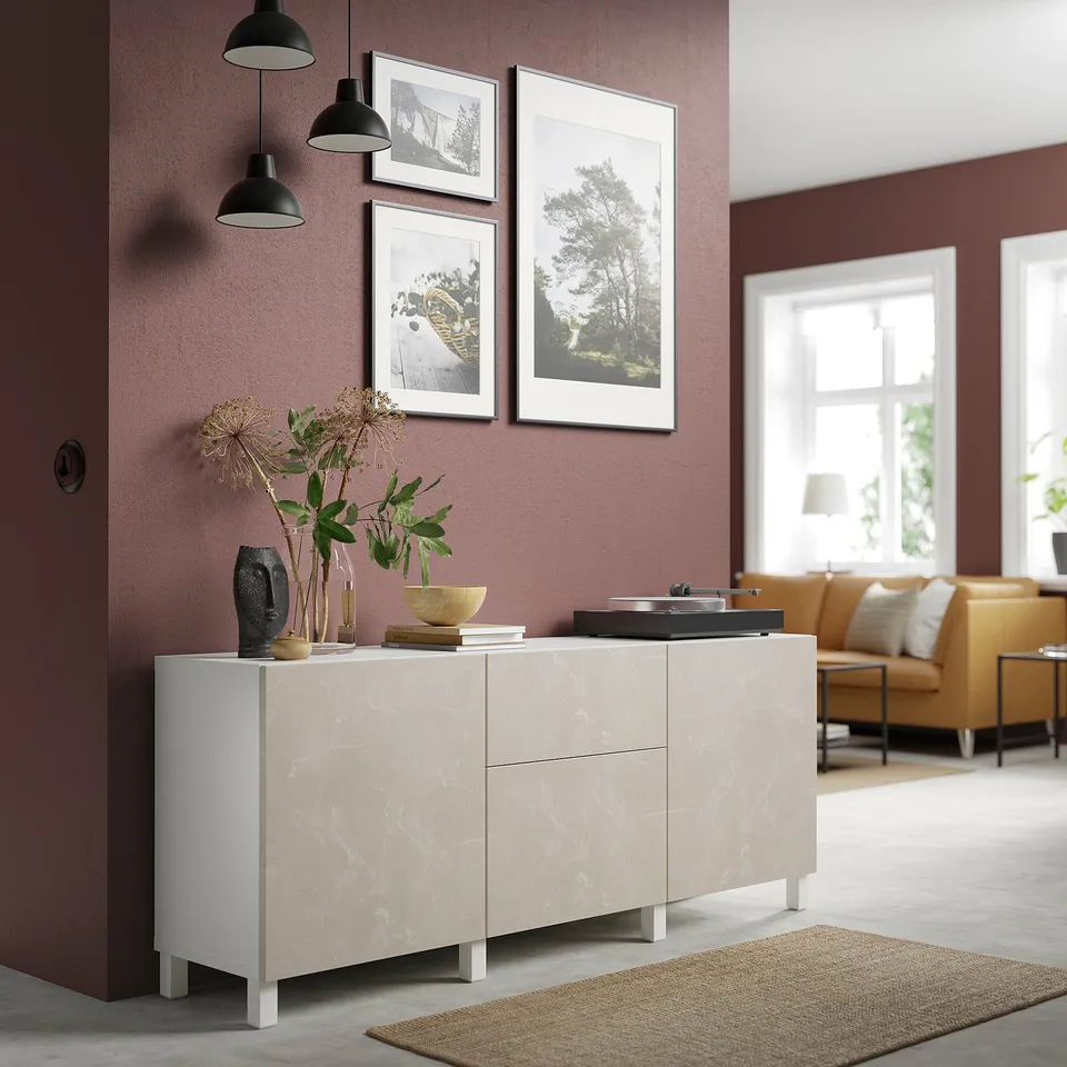 BESTÅ sideboard with decor, doors, lights, modern design, windows.