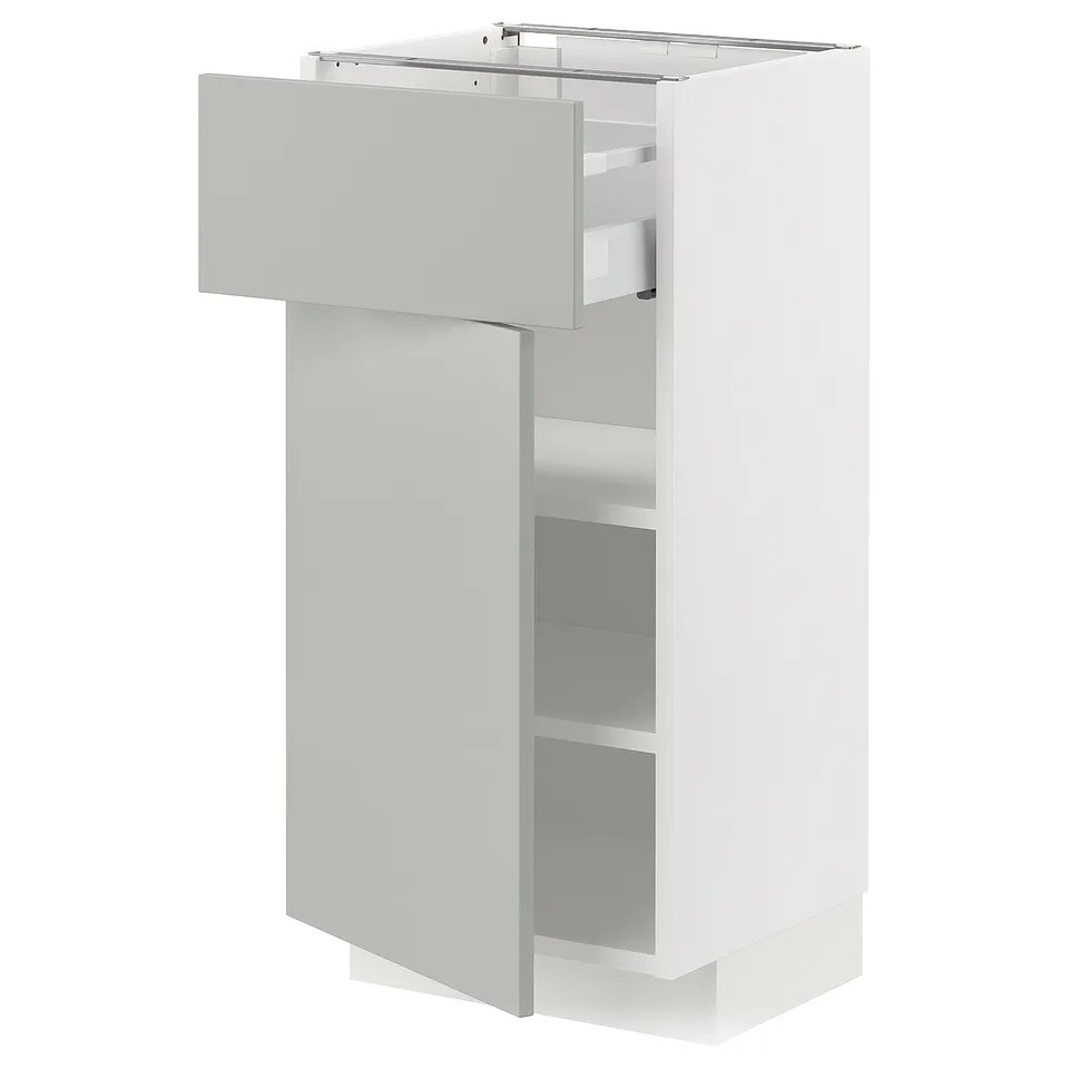 Ikea METOD kitchen unit, white. Modern, sleek design with open shelf and drawer.