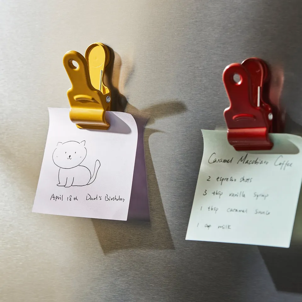 Two notes on fridge: one drawn cat, dads birthday reminder; other lists caramel macchiato coffee ingredients. Held by magnetic clips.