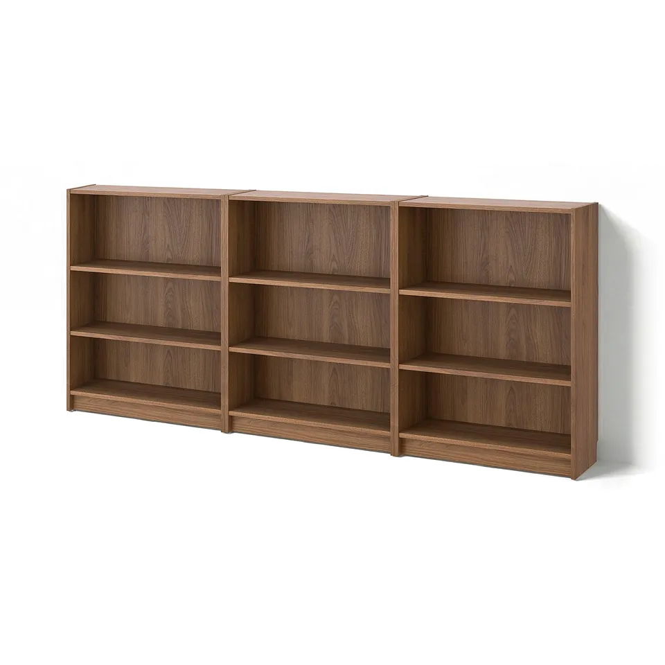 Brown BILLY bookcase with three empty shelves.