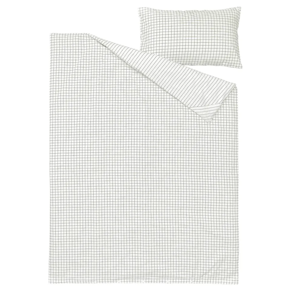 DOFTAKLEJA duvet cover - white/anthracite, check/stripe, corner pockets.