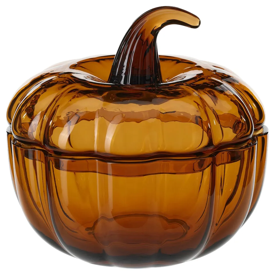 HÖSTAGILLE glass pumpkin container, warm orange, ribbed design, rounded shape.