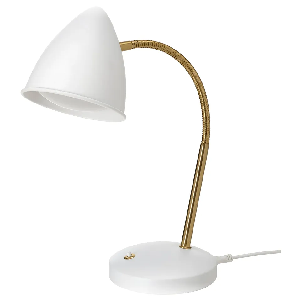 A white and gold ISNÅLEN lamp with flexible neck and led lights in retro design.